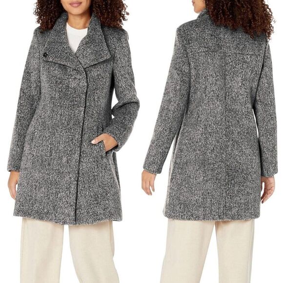 Kenneth Cole Womens Asymmetrical Pressed Boucle Wool Coat M Heathered Gray City - Picture 1 of 12